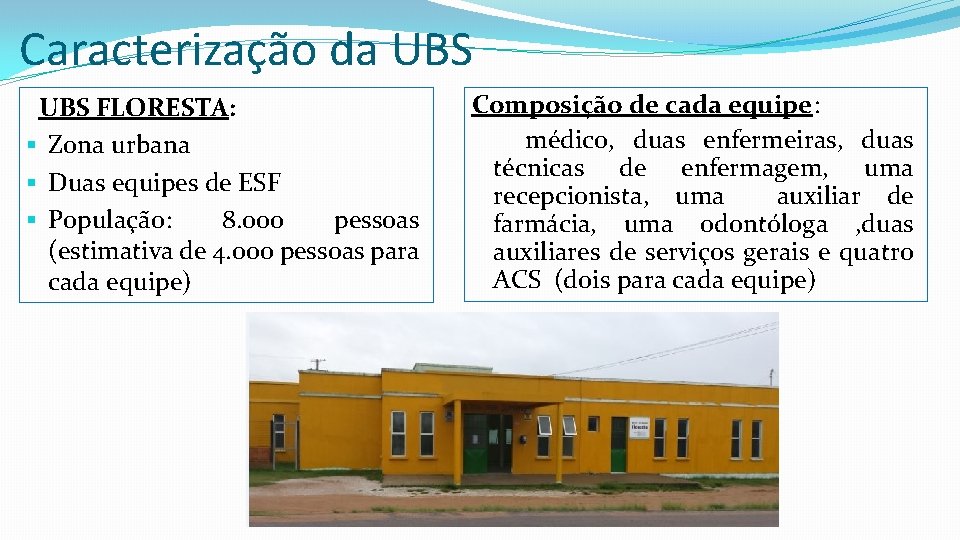 Caracterização da UBS FLORESTA: § Zona urbana § Duas equipes de ESF § População: