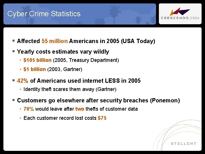 Cyber Crime Statistics § Affected 55 million Americans in 2005 (USA Today) § Yearly