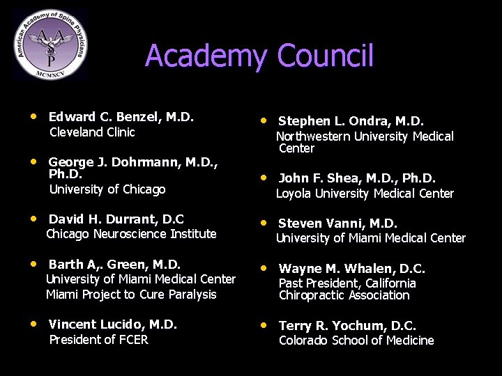  Academy Council • Edward C. Benzel, M. D. Cleveland Clinic • George J.