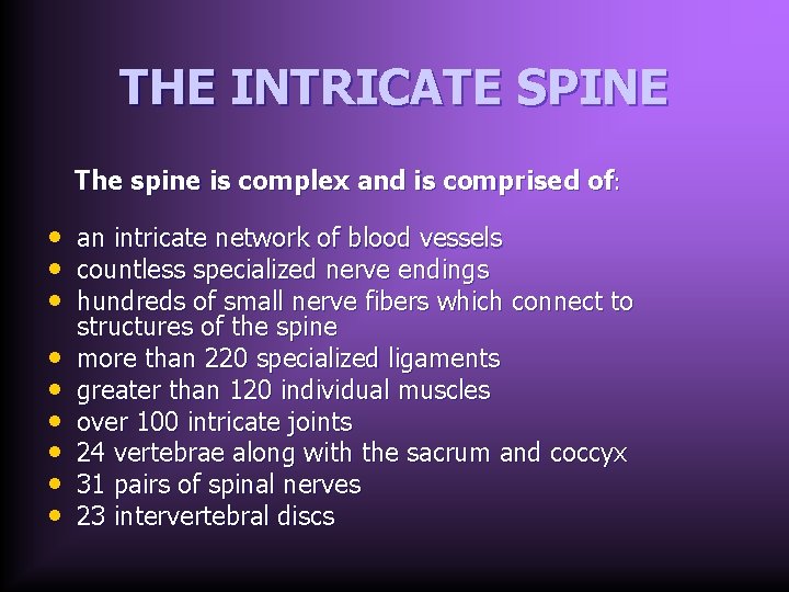 THE INTRICATE SPINE The spine is complex and is comprised of: • • •