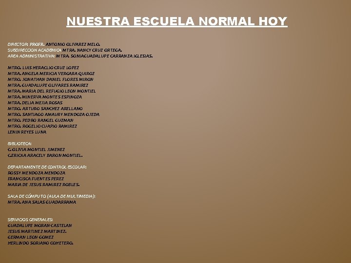 NUESTRA ESCUELA NORMAL HOY DIRECTOR: PROFR. ANTONIO OLIVAREZ MELO. SUBDIRECCION ACADEMICA MTRA. NANCY CRUZ