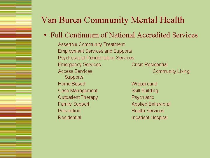 Van Buren Community Mental Health • Full Continuum of National Accredited Services Assertive Community