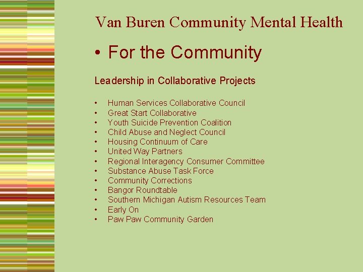 Van Buren Community Mental Health • For the Community Leadership in Collaborative Projects •