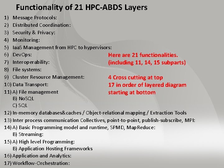 Functionality of 21 HPC-ABDS Layers 1) Message Protocols: 2) Distributed Coordination: 3) Security &