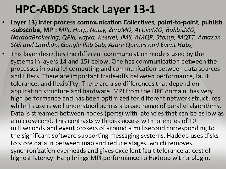 HPC-ABDS Stack Layer 13 -1 • Layer 13) Inter process communication Collectives, point-to-point, publish