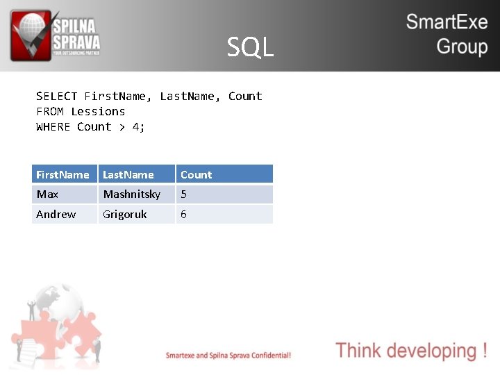 SQL SELECT First. Name, Last. Name, Count FROM Lessions WHERE Count > 4; First.