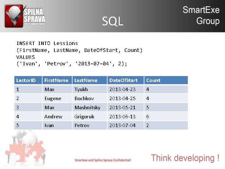 SQL INSERT INTO Lessions (First. Name, Last. Name, Date. Of. Start, Count) VALUES ('Ivan',