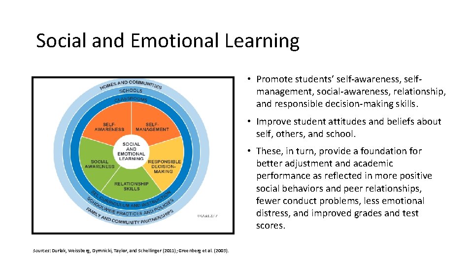 Social and Emotional Learning • Promote students’ self-awareness, selfmanagement, social-awareness, relationship, and responsible decision-making