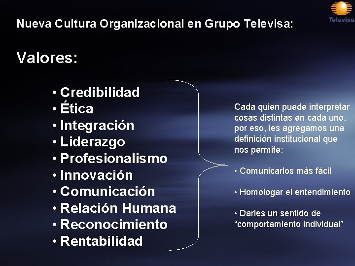Nueva Cultura Organizacional en Grupo Televisa: Valores: • Credibilidad • Ética • Integración •