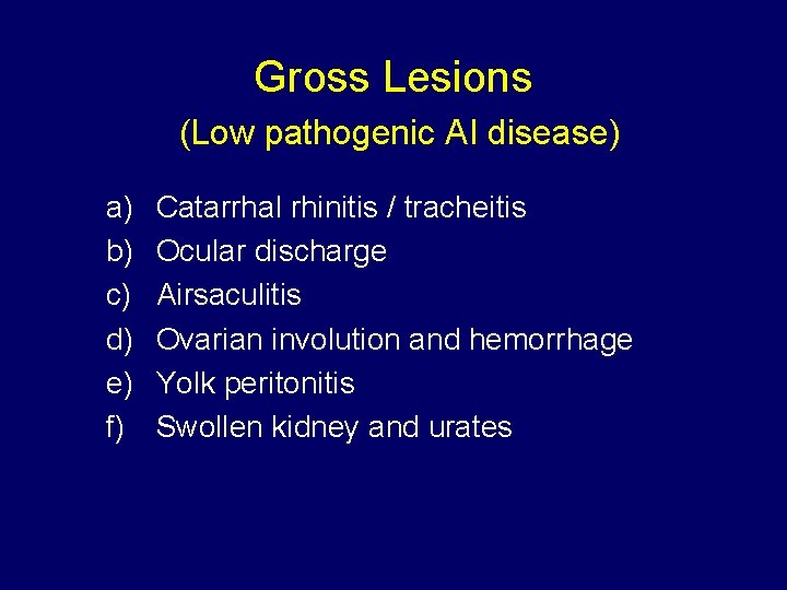 Gross Lesions (Low pathogenic AI disease) a) b) c) d) e) f) Catarrhal rhinitis
