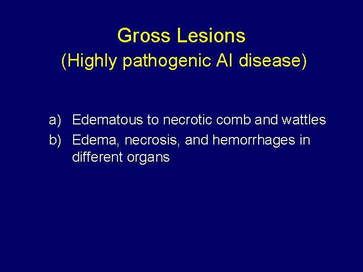 Gross Lesions (Highly pathogenic AI disease) a) Edematous to necrotic comb and wattles b)