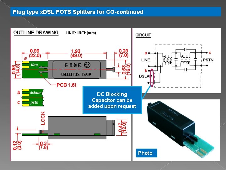 Plug type x. DSL POTS Splitters for CO-continued DC Blocking Capacitor can be added