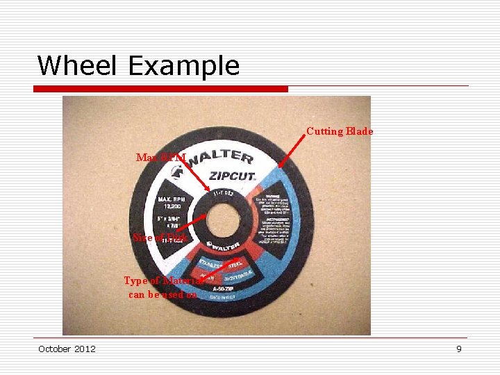 Wheel Example Cutting Blade Max RPM Size of Disk Type of Material can be