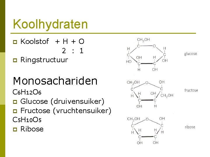 Koolhydraten p p Koolstof + H + O 2 : 1 Ringstructuur Monosachariden C