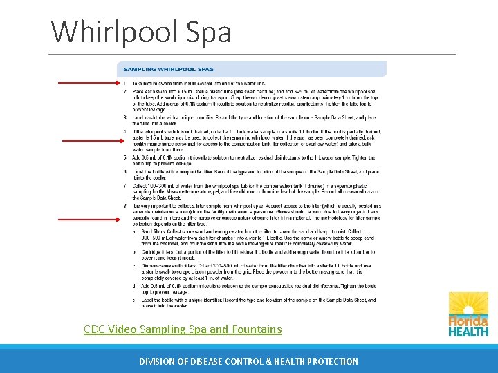 Whirlpool Spa CDC Video Sampling Spa and Fountains DIVISION OF DISEASE CONTROL & HEALTH
