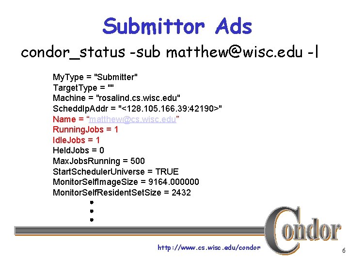 Submittor Ads condor_status -sub matthew@wisc. edu -l My. Type = "Submitter" Target. Type =