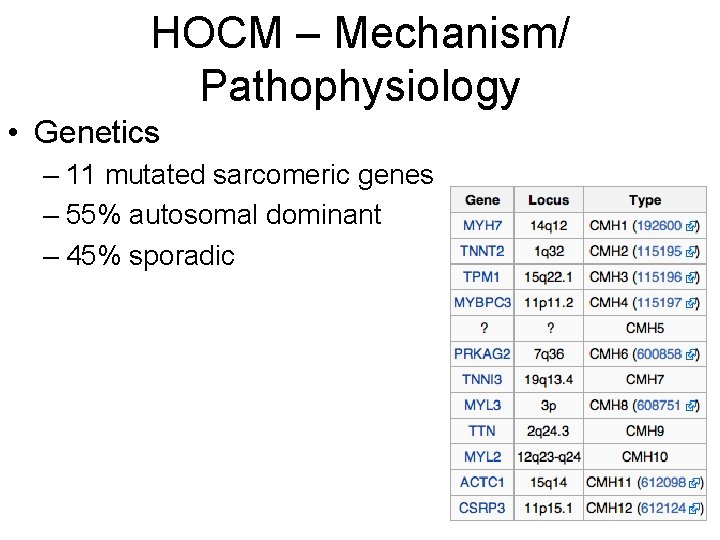 HOCM – Mechanism/ Pathophysiology • Genetics – 11 mutated sarcomeric genes – 55% autosomal HOCM – Mechanism/ Pathophysiology • Genetics – 11 mutated sarcomeric genes – 55% autosomal