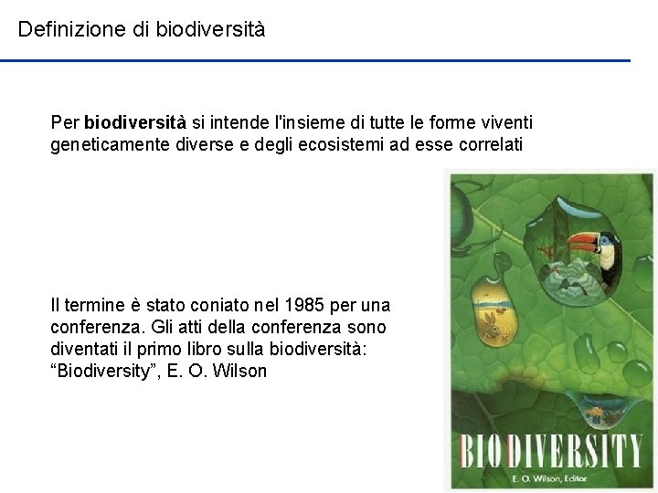 Definizione di biodiversità Per biodiversità si intende l'insieme di tutte le forme viventi geneticamente