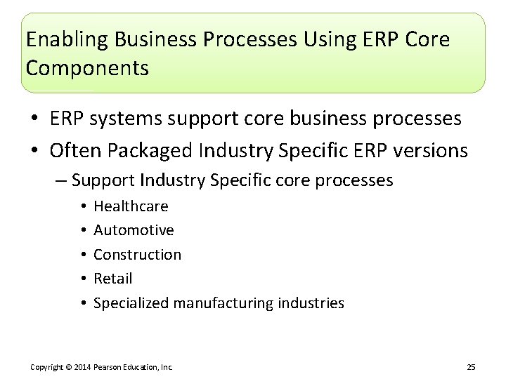 Enabling Business Processes Using ERP Core Components • ERP systems support core business processes