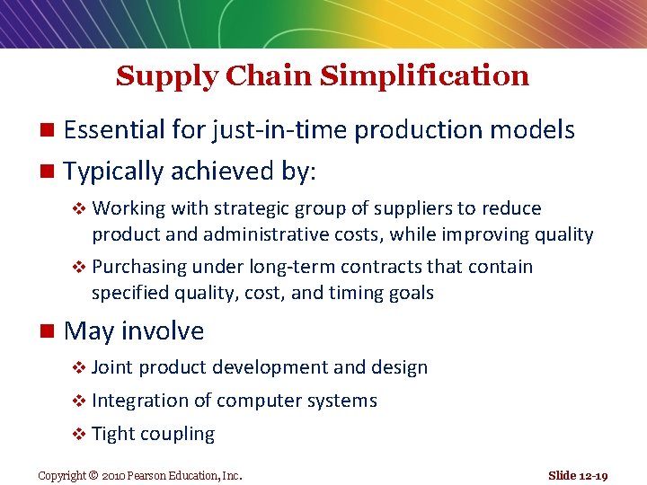 Supply Chain Simplification Essential for just-in-time production models n Typically achieved by: n v