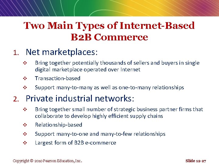 Two Main Types of Internet-Based B 2 B Commerce 1. Net marketplaces: v v
