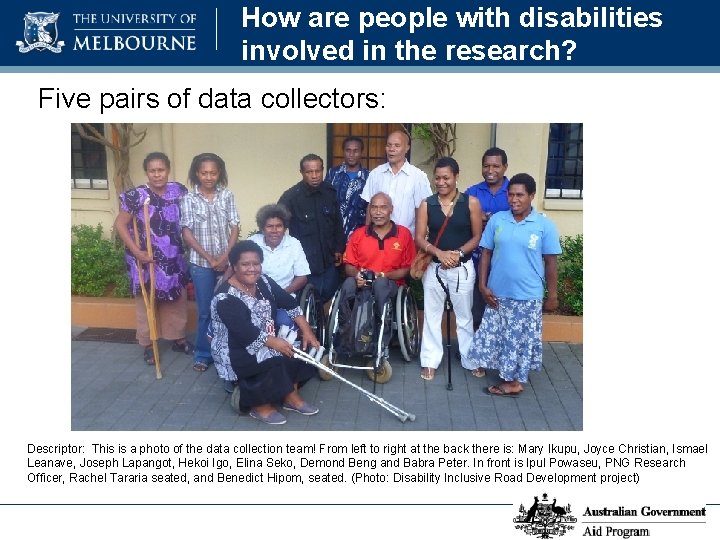 How are people with disabilities involved in the research? Five pairs of data collectors: