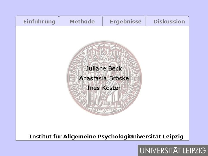 Einführung Methode Ergebnisse Diskussion Juliane Beck Anastasia Bröske Ines Koster Institut für Allgemeine Psychologie