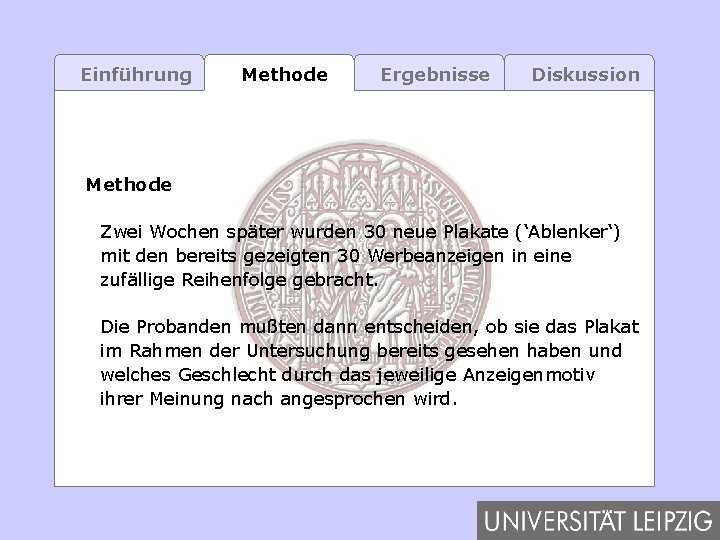 Einführung Methode Ergebnisse Diskussion Methode Zwei Wochen später wurden 30 neue Plakate (‘Ablenker‘) mit