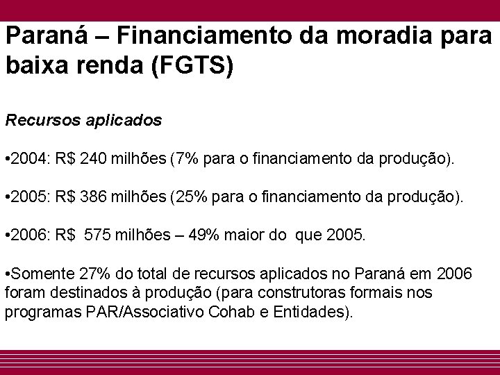 Paraná – Financiamento da moradia para baixa renda (FGTS) Recursos aplicados • 2004: R$