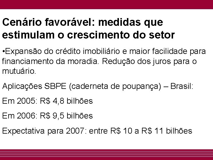 Cenário favorável: medidas que estimulam o crescimento do setor • Expansão do crédito imobiliário