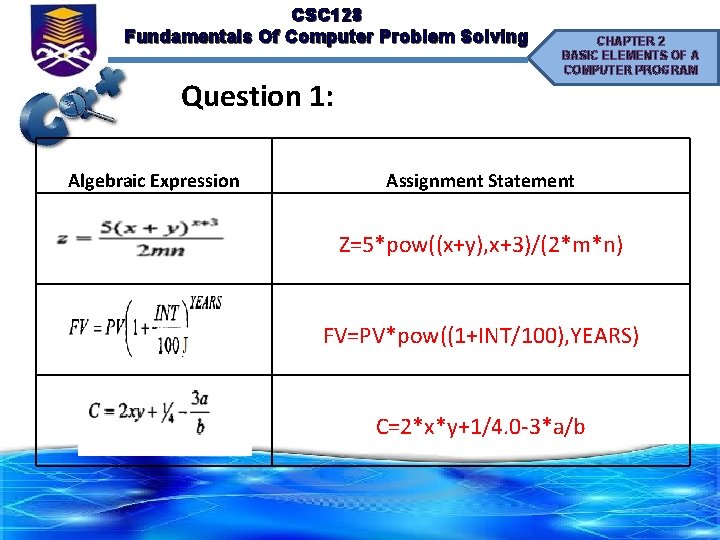 CSC 128 Fundamentals Of Computer Problem Solving Question 1: Algebraic Expression CHAPTER 2 BASIC