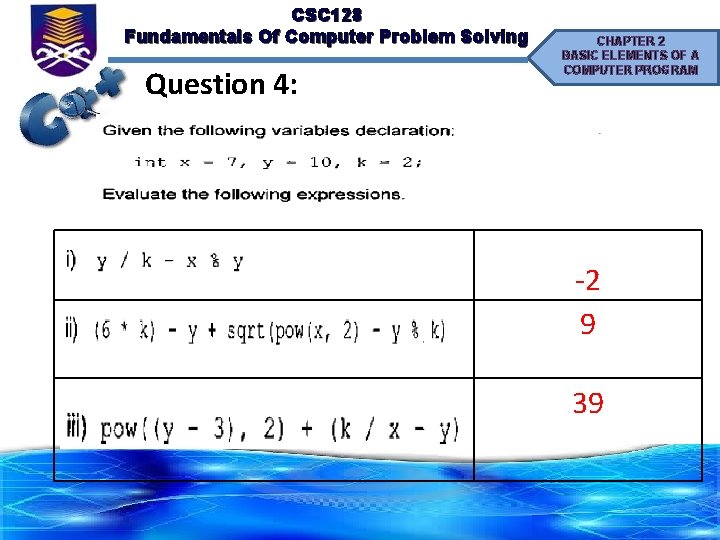 CSC 128 Fundamentals Of Computer Problem Solving Question 4: CHAPTER 2 BASIC ELEMENTS OF