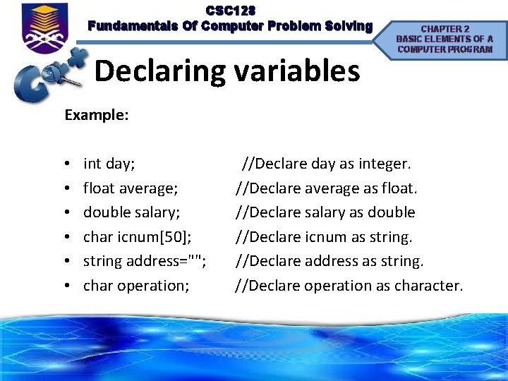 CSC 128 Fundamentals Of Computer Problem Solving Declaring variables CHAPTER 2 BASIC ELEMENTS OF