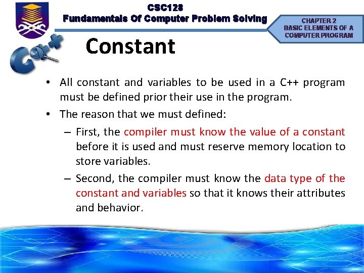 CSC 128 Fundamentals Of Computer Problem Solving Constant CHAPTER 2 BASIC ELEMENTS OF A