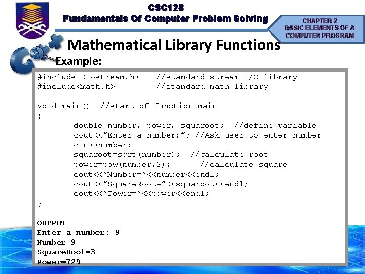 CSC 128 Fundamentals Of Computer Problem Solving Mathematical Library Functions CHAPTER 2 BASIC ELEMENTS