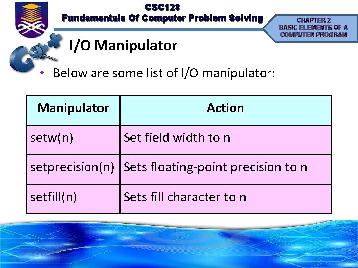 CSC 128 Fundamentals Of Computer Problem Solving I/O Manipulator CHAPTER 2 BASIC ELEMENTS OF
