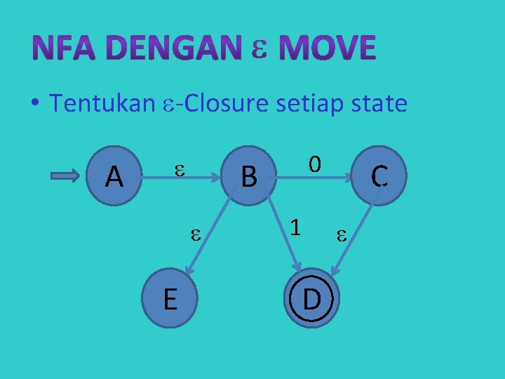  • Tentukan -Closure setiap state A B E 0 1 D C 