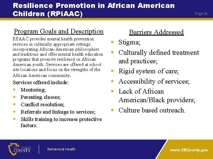 Resilience Promotion in African American Children (RPi. AAC) Program Goals and Description RPAAC provides