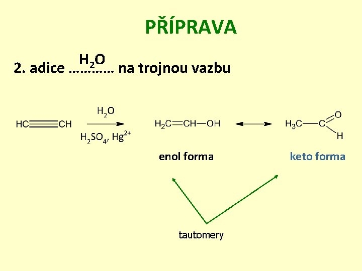 PŘÍPRAVA H 2 O 2. adice ………… na trojnou vazbu enol forma tautomery keto