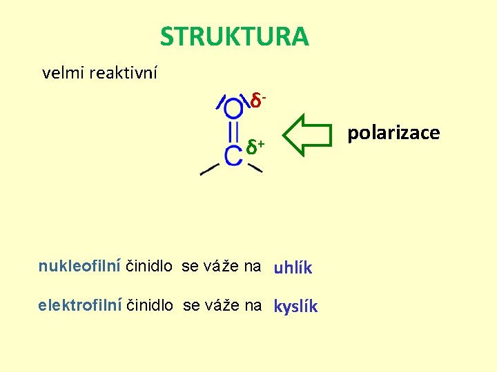 STRUKTURA velmi reaktivní δδ+ nukleofilní činidlo se váže na uhlík elektrofilní činidlo se váže