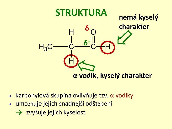 STRUKTURA δ- nemá kyselý charakter δ+ α vodík, kyselý charakter • • karbonylová skupina