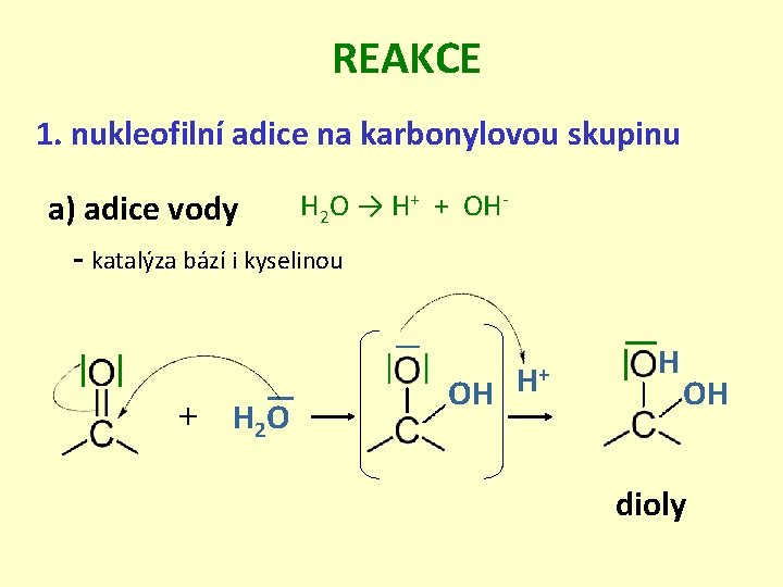 REAKCE 1. nukleofilní adice na karbonylovou skupinu H 2 O → H+ + OHa)