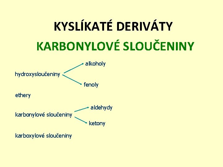 KYSLÍKATÉ DERIVÁTY KARBONYLOVÉ SLOUČENINY alkoholy hydroxysloučeniny fenoly ethery aldehydy karbonylové sloučeniny ketony karboxylové sloučeniny