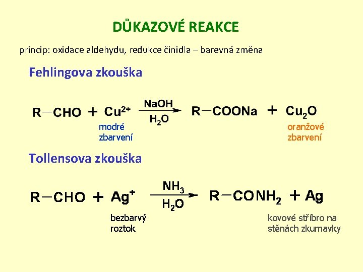 DŮKAZOVÉ REAKCE princip: oxidace aldehydu, redukce činidla – barevná změna Fehlingova zkouška modré zbarvení