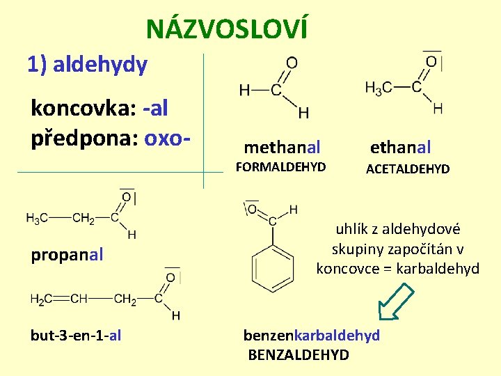 NÁZVOSLOVÍ 1) aldehydy koncovka: -al předpona: oxo- methanal FORMALDEHYD propanal but-3 -en-1 -al ethanal