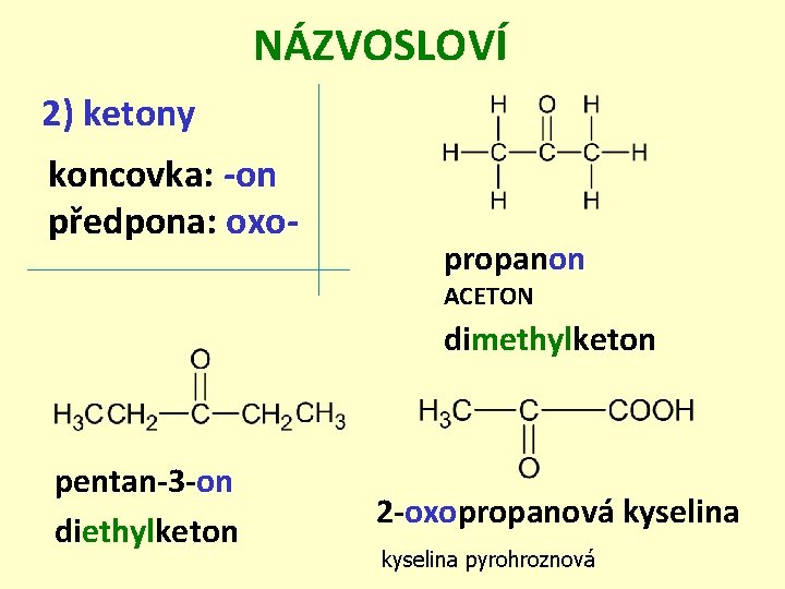 NÁZVOSLOVÍ 2) ketony koncovka: -on předpona: oxo- propanon ACETON dimethylketon pentan-3 -on diethylketon 2