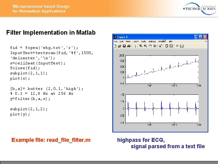 Filter Implementation in Matlab fid = fopen('ekg. txt', 'r'); Input. Text=textscan(fid, '%f', 1500, 'delimiter',