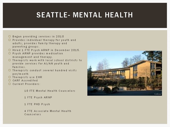 SEATTLE- MENTAL HEALTH Began providing services in 2010 Provides individual therapy for youth and