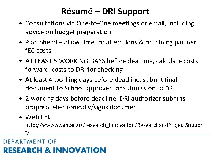 Résumé – DRI Support • Consultations via One-to-One meetings or email, including advice on