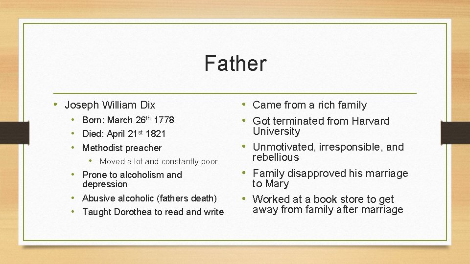 Father • Joseph William Dix • Born: March 26 th 1778 • Died: April